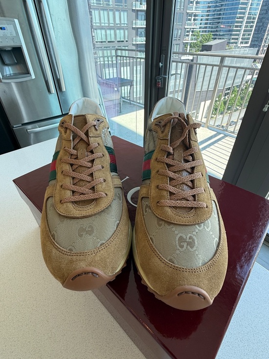 GUCCI Re-Motion Sneakers Men’s 11 Camel Brown GG Web Stripe - BRAND NEW IN BOX